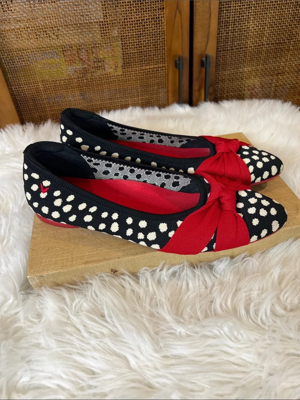 Vivaia Bibi Stretch Knit Almond Toe Ballet Flats Abstract Dots with Red Bow